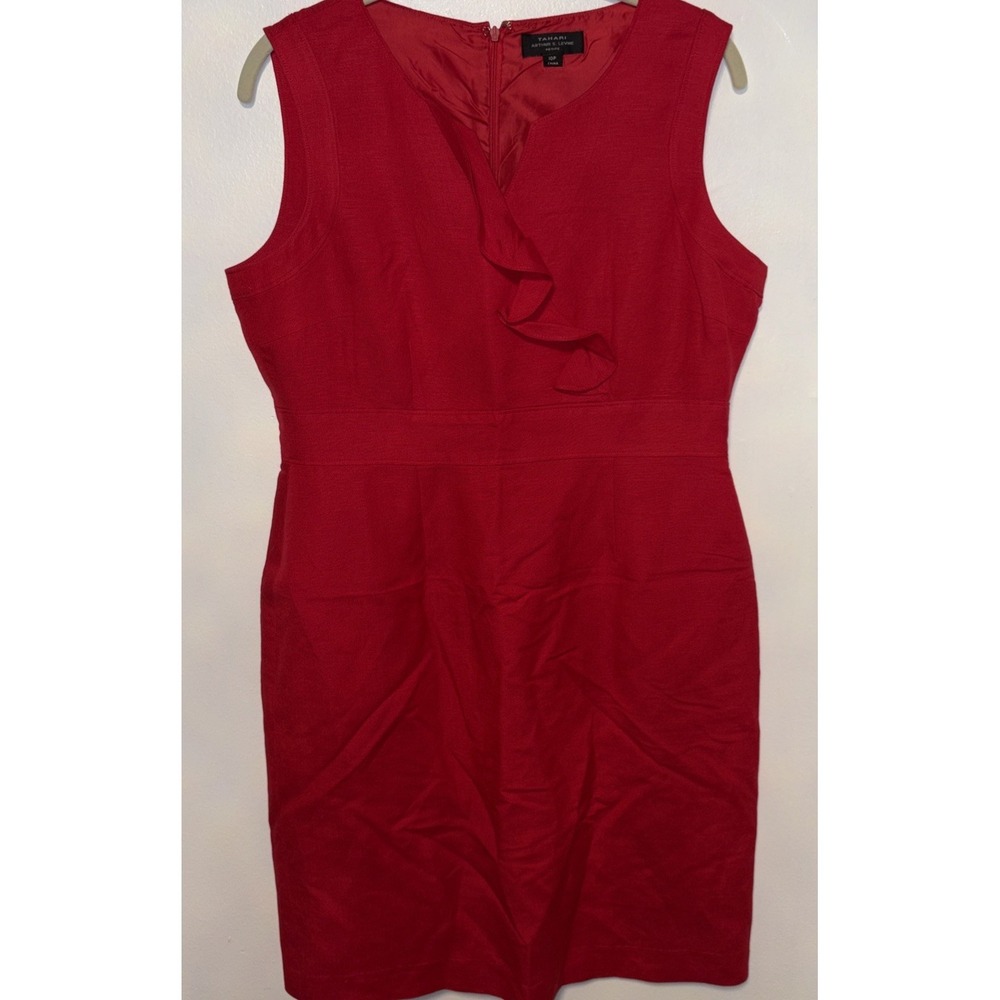Tahari Arthur Levine Dress Sleeveless Sheath Red Ruffle Linen Blend Size 10P
